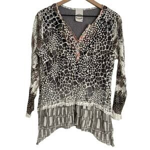 Flew De Lis Blouse Tunic Women’s Sz M Bohemian Mixed Media Shark Bite Hem Gray